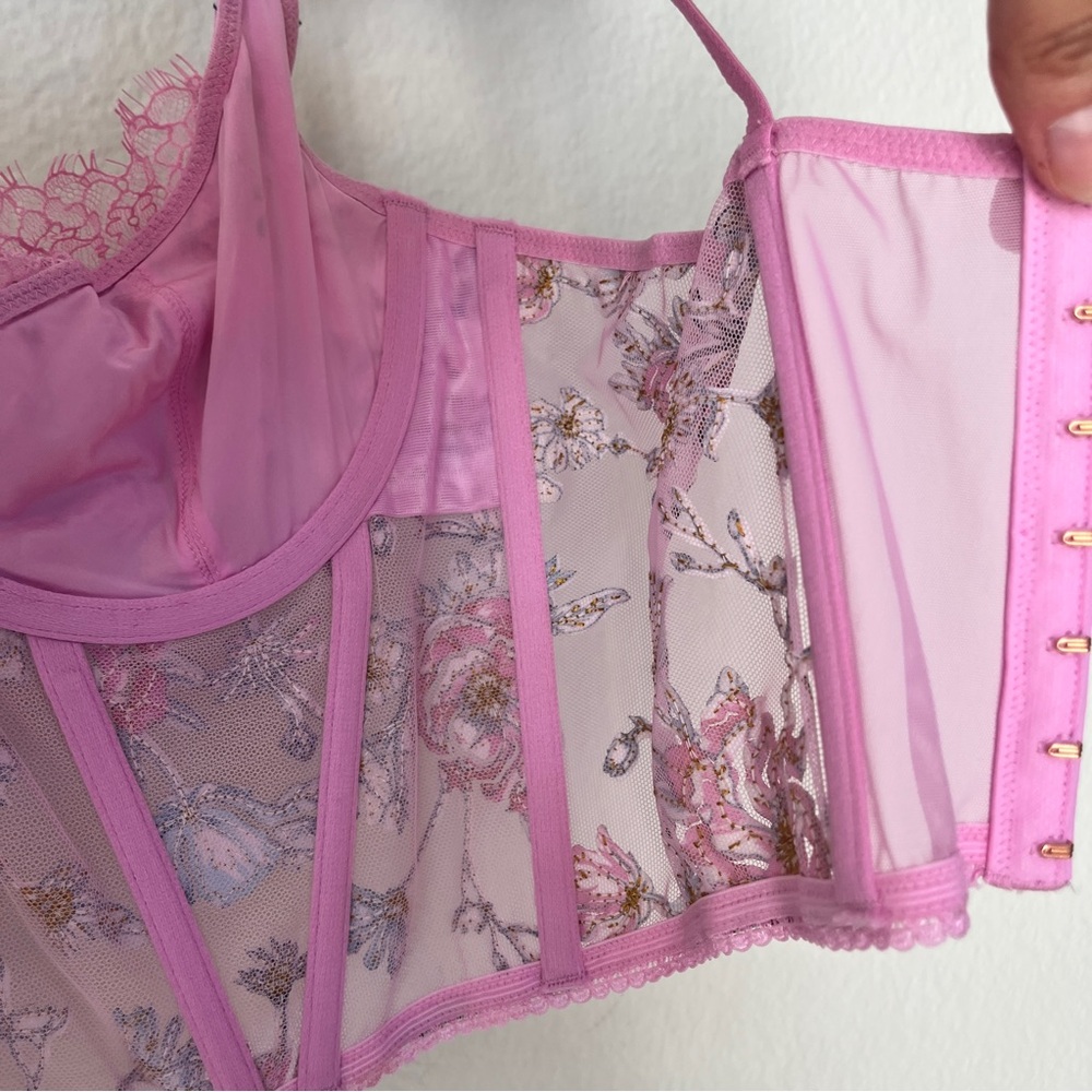 Whimsigoth Pink Floral Corset Crop Top Lace Bustier Fairycore Cottagecore Y2K - Picture 9 of 13